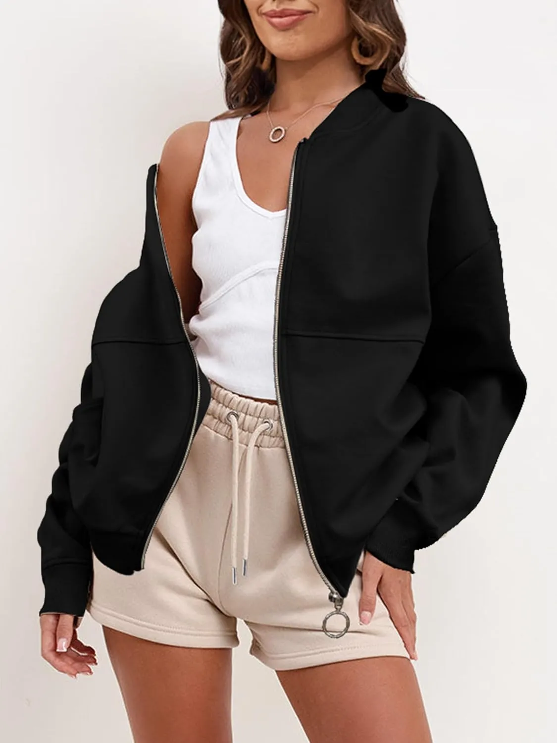 SuperPrity Women Crewneck Zip Up Sweatshirts Long Sleeve Oversized Jacket Coat Pocket Casual Hoodie 2024 Fall Trendy Outfits