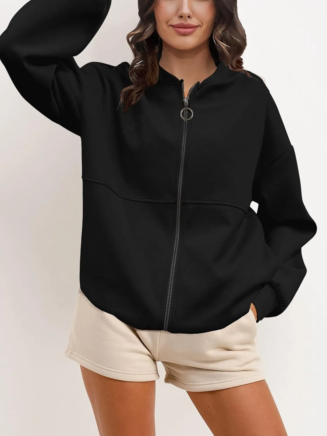 SuperPrity Women Crewneck Zip Up Sweatshirts Long Sleeve Oversized Jacket Coat Pocket Casual Hoodie 2024 Fall Trendy Outfits