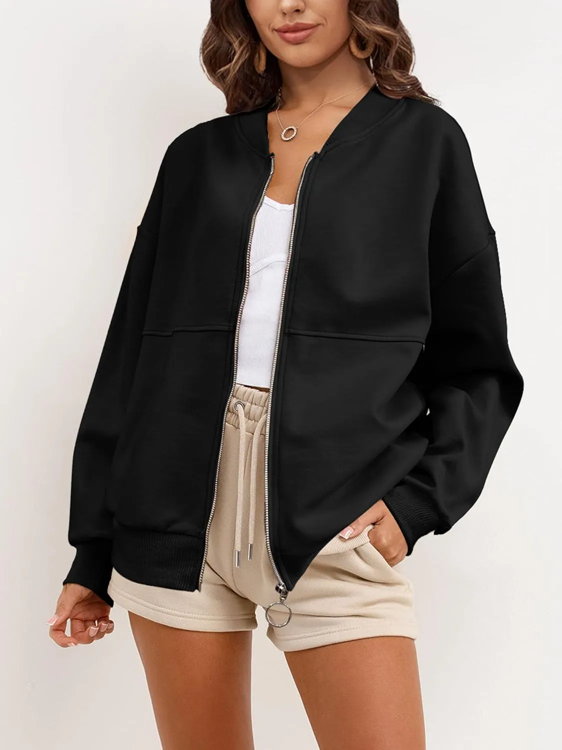 SuperPrity Women Crewneck Zip Up Sweatshirts Long Sleeve Oversized Jacket Coat Pocket Casual Hoodie 2024 Fall Trendy Outfits