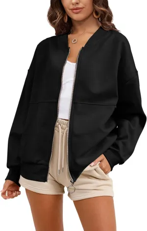 SuperPrity Women Crewneck Zip Up Sweatshirts Long Sleeve Oversized Jacket Coat Pocket Casual Hoodie 2024 Fall Trendy Outfits