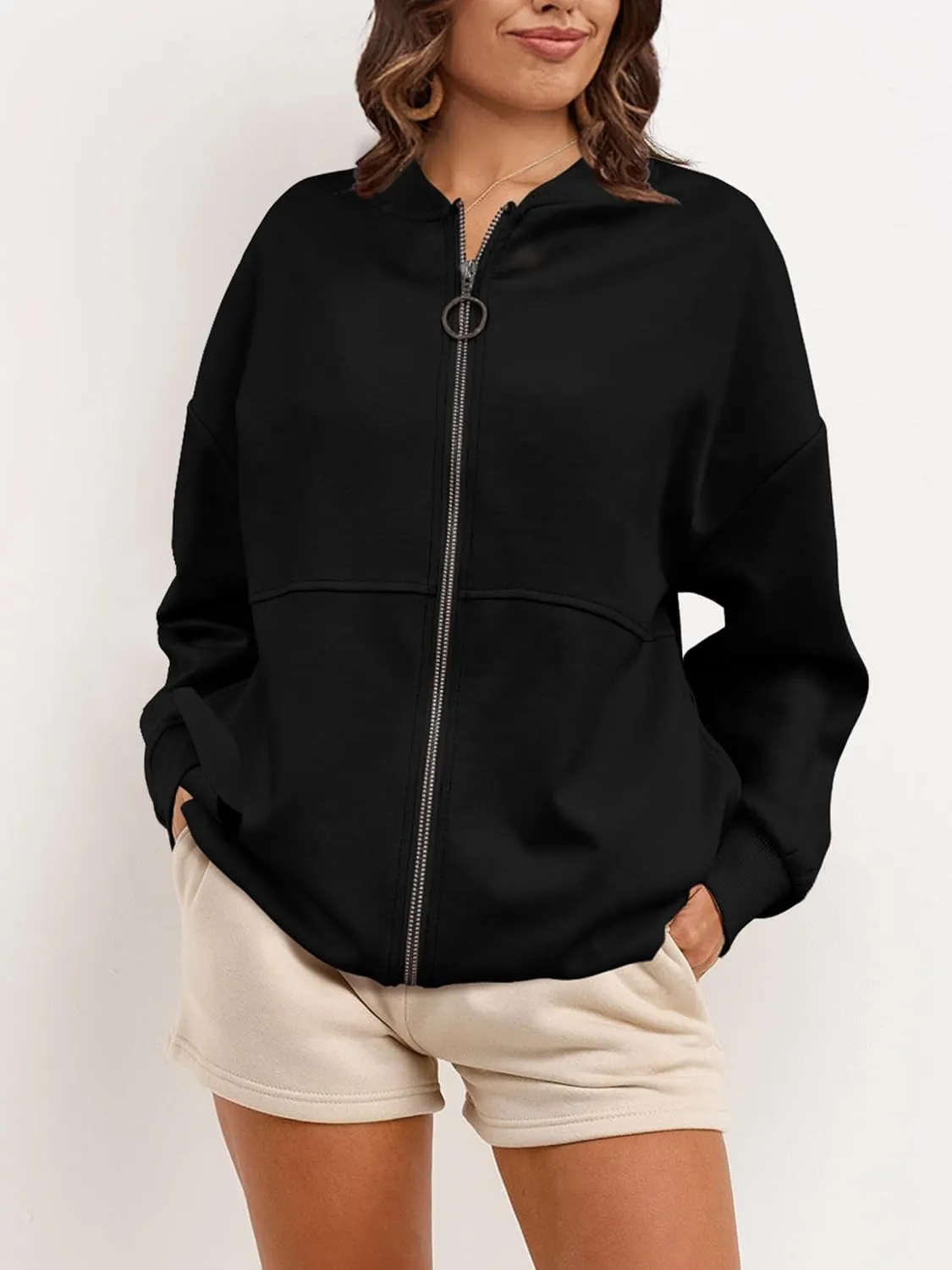 SuperPrity Women Crewneck Zip Up Sweatshirts Long Sleeve Oversized Jacket Coat Pocket Casual Hoodie 2024 Fall Trendy Outfits