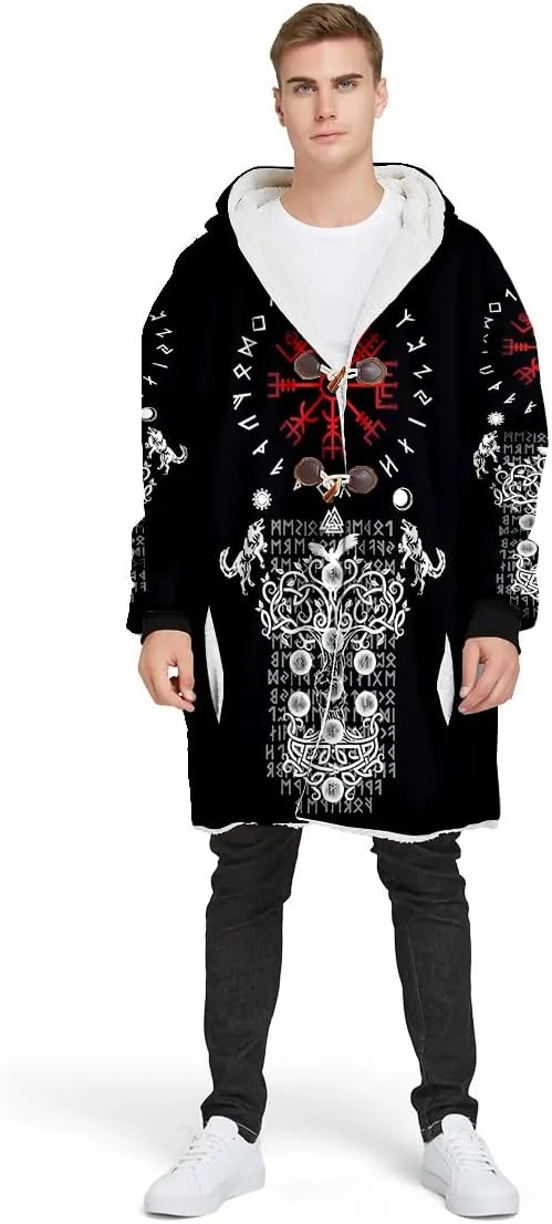Symbol Tattoo Raven Odin Viking Overcoat 3D All Over Print Thick Warm Hooded Cloak Men Windproof Fleece Jacket