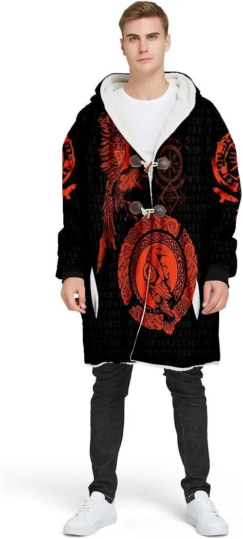 Symbol Tattoo Raven Odin Viking Overcoat 3D All Over Print Thick Warm Hooded Cloak Men Windproof Fleece Jacket