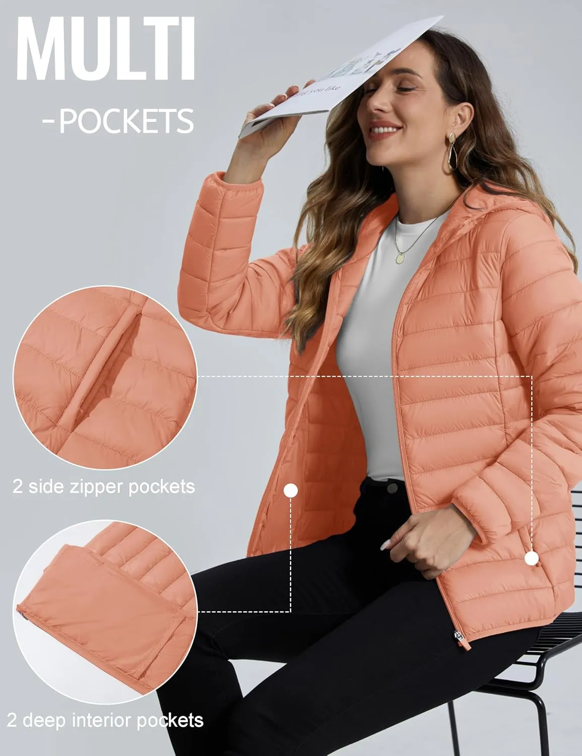 TACVASEN Women's Lightweight Puffer Jacket with Hood Pockets Quilted Padded Full-zip Winter Coat