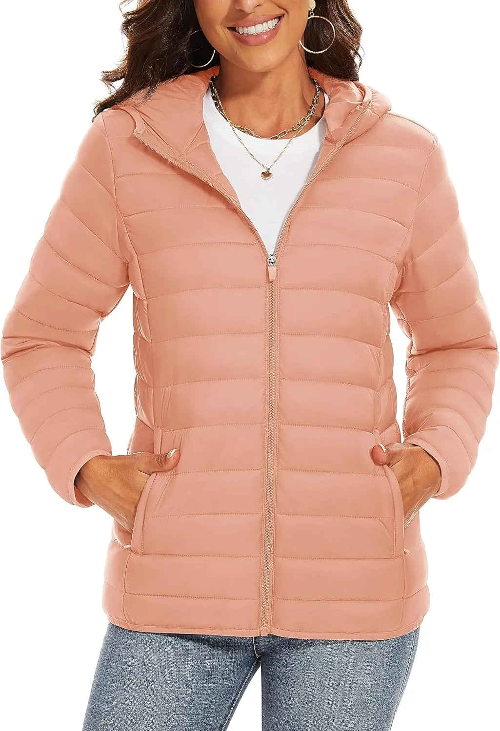 TACVASEN Women's Lightweight Puffer Jacket with Hood Pockets Quilted Padded Full-zip Winter Coat