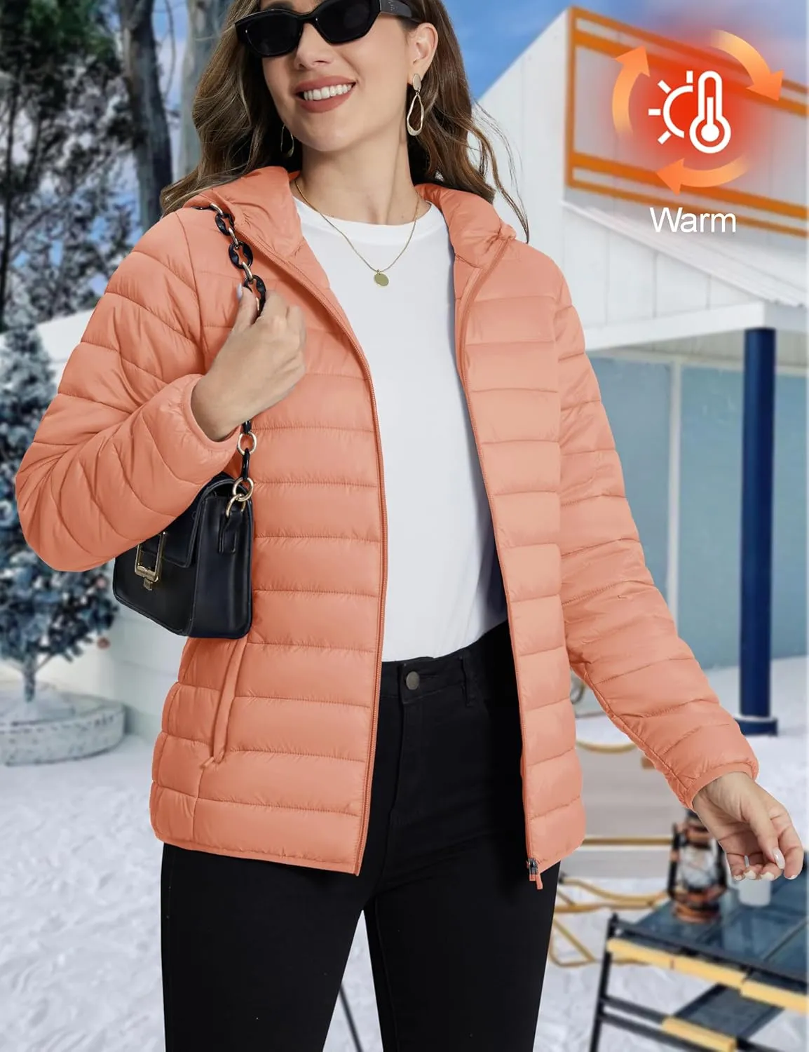 TACVASEN Women's Lightweight Puffer Jacket with Hood Pockets Quilted Padded Full-zip Winter Coat