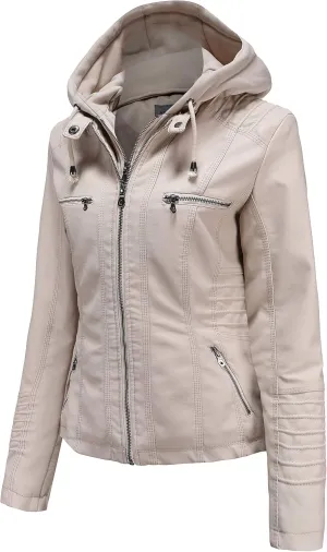 Tagoo Faux Leather Jacket Women Motorcycle Coat for Biker with Removable Hood Plus Size