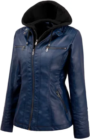 Tagoo Faux Leather Jacket Women Motorcycle Coat for Biker with Removable Hood Plus Size