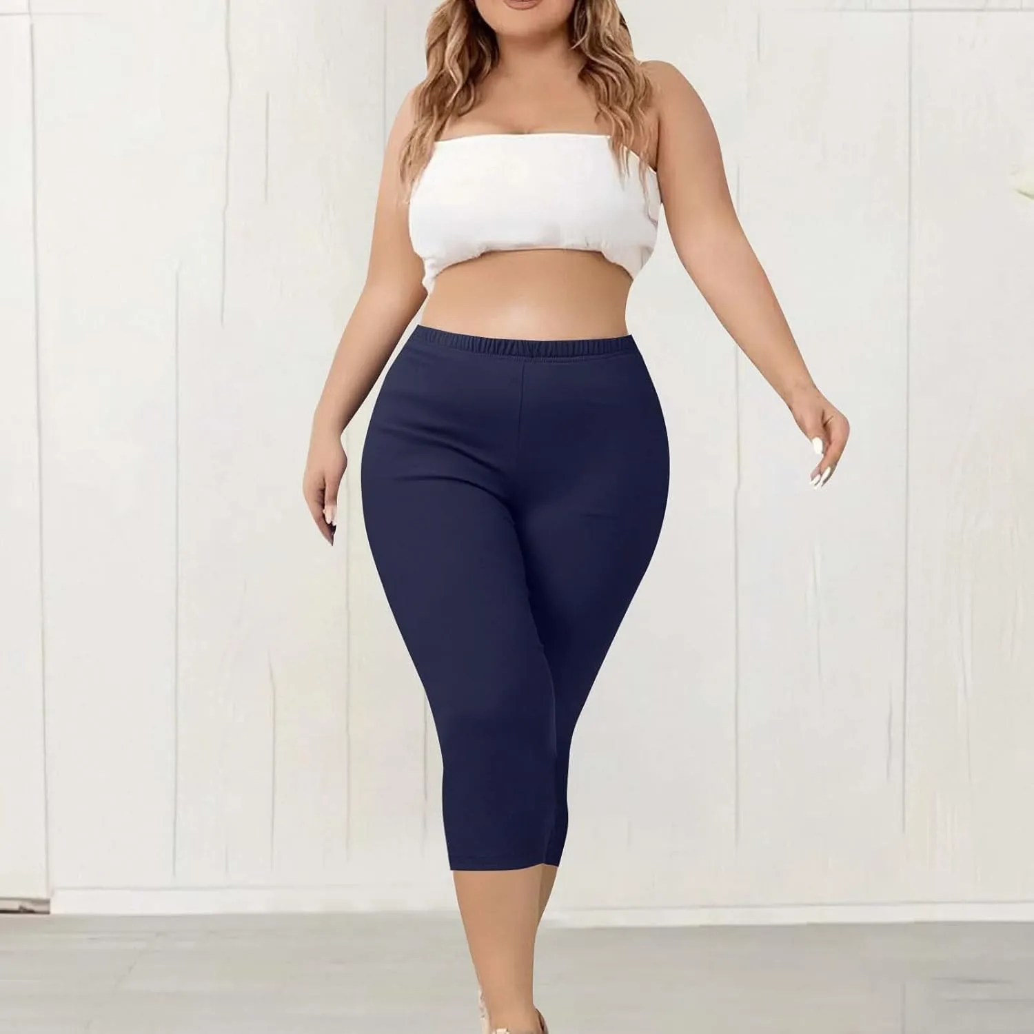 TANGNADE Women Capri Pants Plus Size Stretch Knee Length Leggings Elastic Waist Casual Summer Ladies Pull On Capris