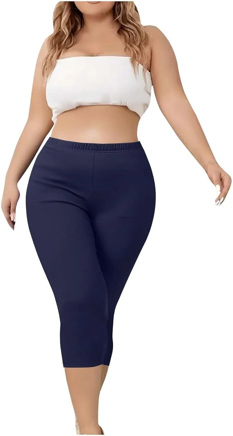 TANGNADE Women Capri Pants Plus Size Stretch Knee Length Leggings Elastic Waist Casual Summer Ladies Pull On Capris