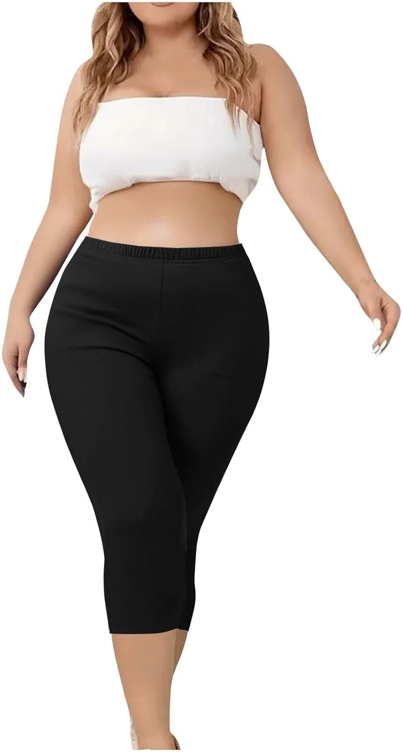 TANGNADE Women Capri Pants Plus Size Stretch Knee Length Leggings Elastic Waist Casual Summer Ladies Pull On Capris
