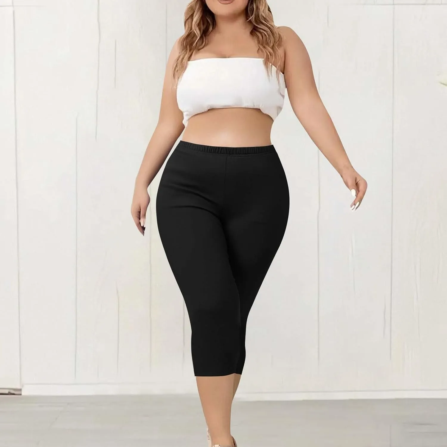 TANGNADE Women Capri Pants Plus Size Stretch Knee Length Leggings Elastic Waist Casual Summer Ladies Pull On Capris