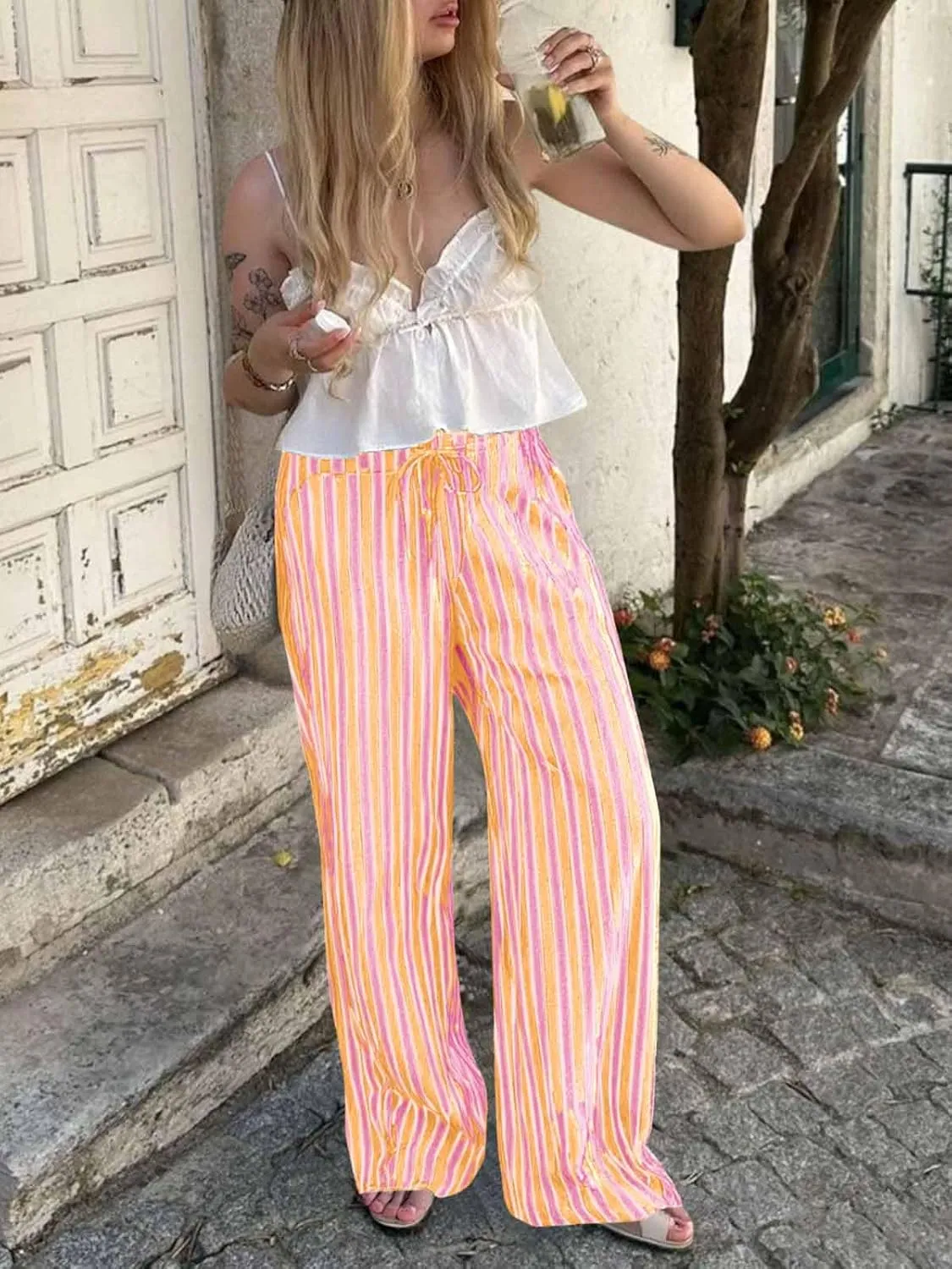 Tankaneo Womens Baggy Striped Pants Casual Loose Wide Leg Drawstring Elastic Waist Pants with Pockets