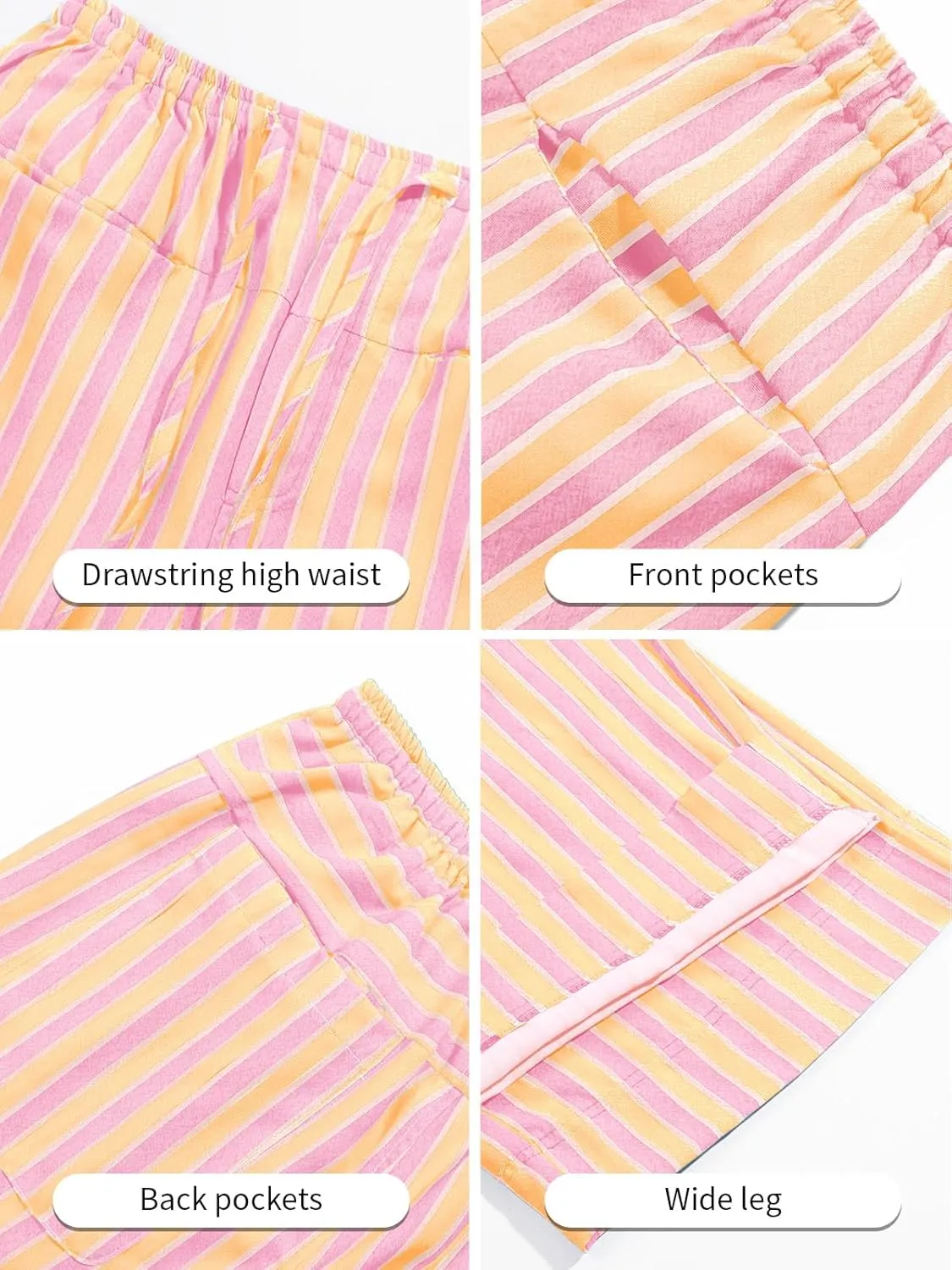 Tankaneo Womens Baggy Striped Pants Casual Loose Wide Leg Drawstring Elastic Waist Pants with Pockets