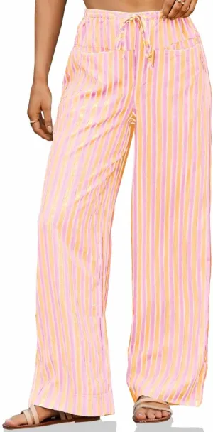 Tankaneo Womens Baggy Striped Pants Casual Loose Wide Leg Drawstring Elastic Waist Pants with Pockets