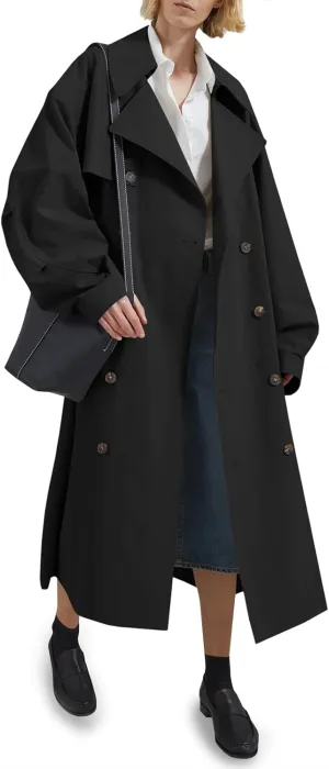 Tankaneo Womens Double Breasted Long Trench Coat Oversized Classic Lapel Belted Overcoat