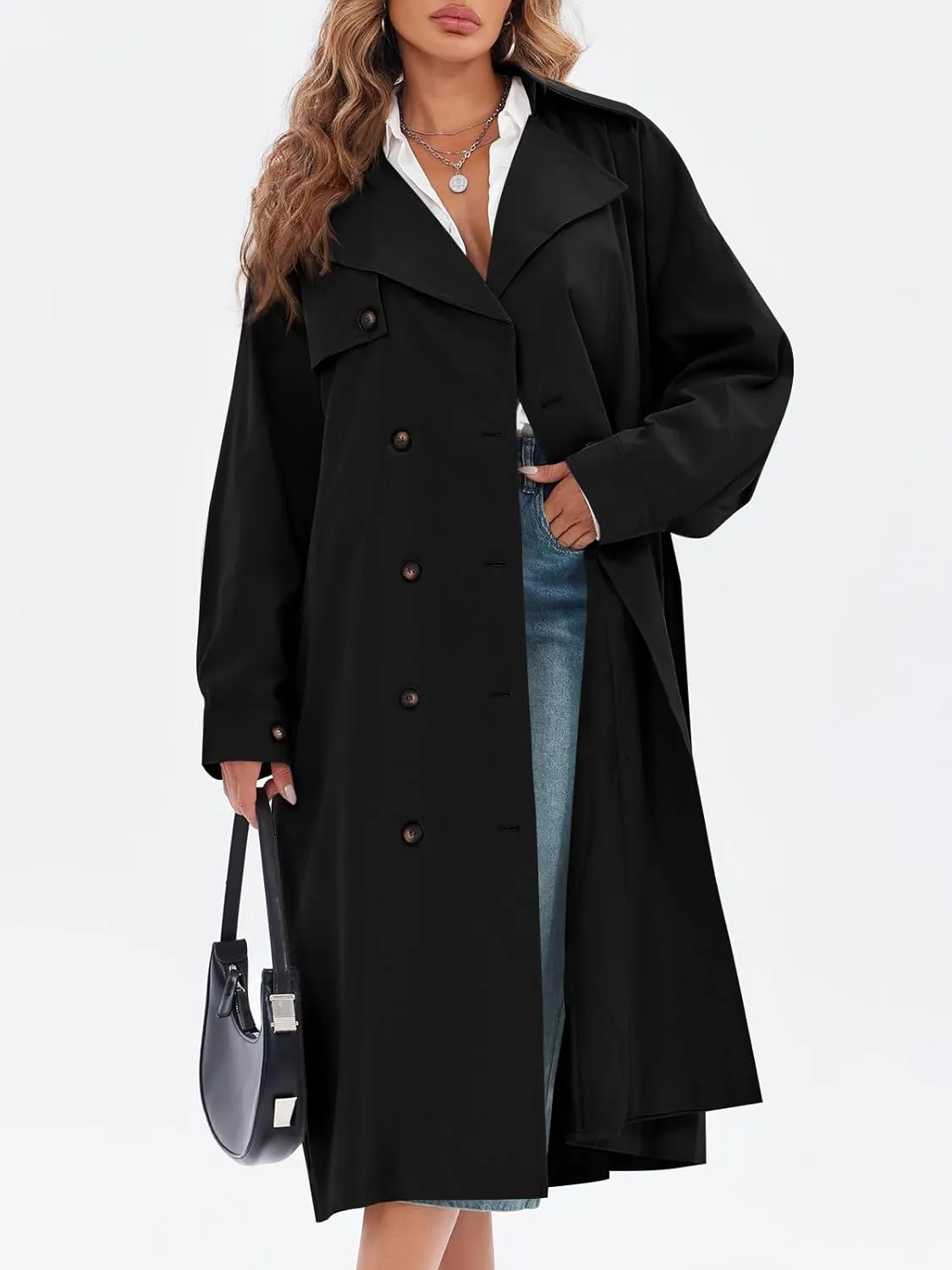 Tankaneo Womens Double Breasted Long Trench Coat Oversized Classic Lapel Belted Overcoat