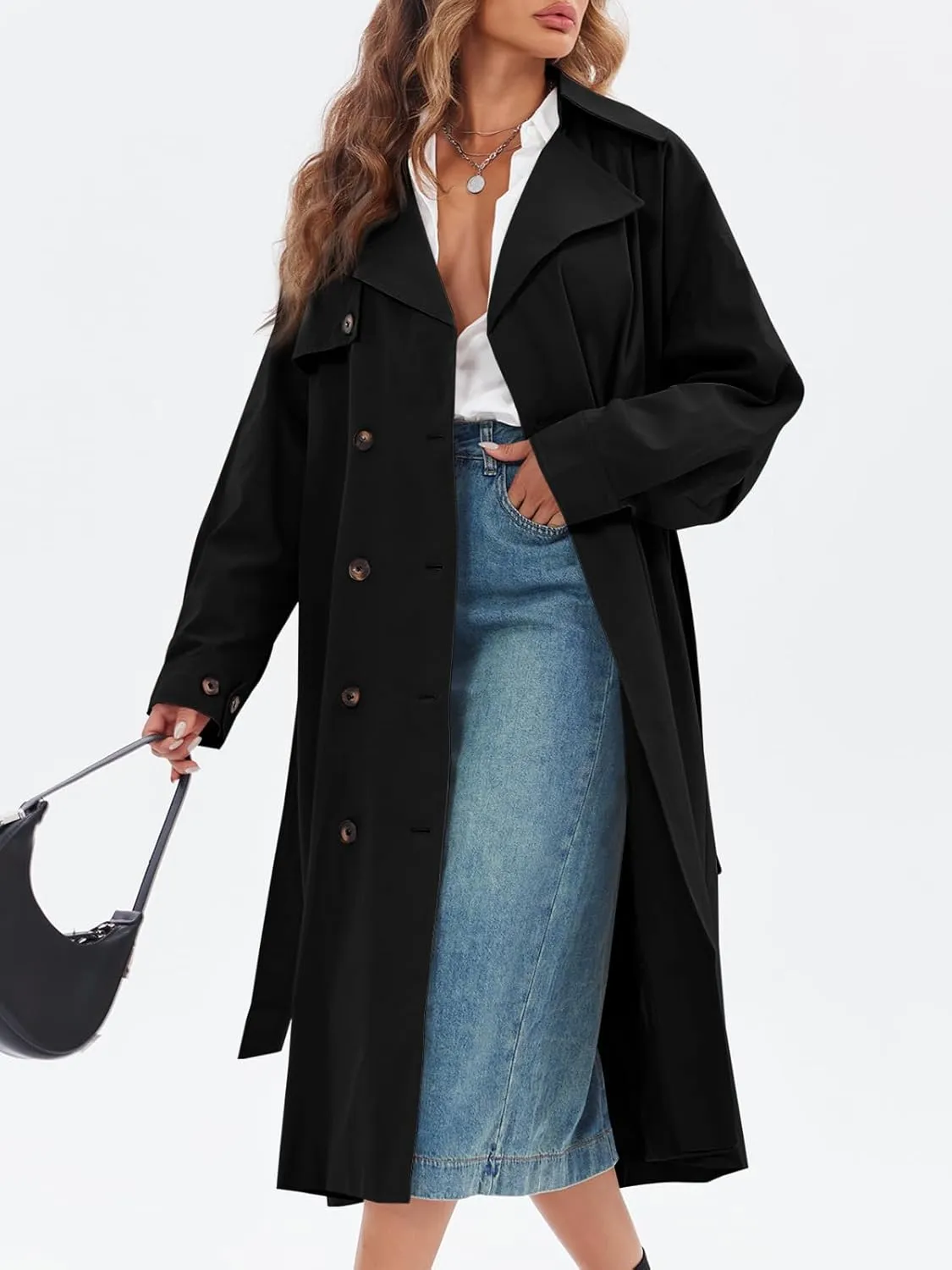 Tankaneo Womens Double Breasted Long Trench Coat Oversized Classic Lapel Belted Overcoat