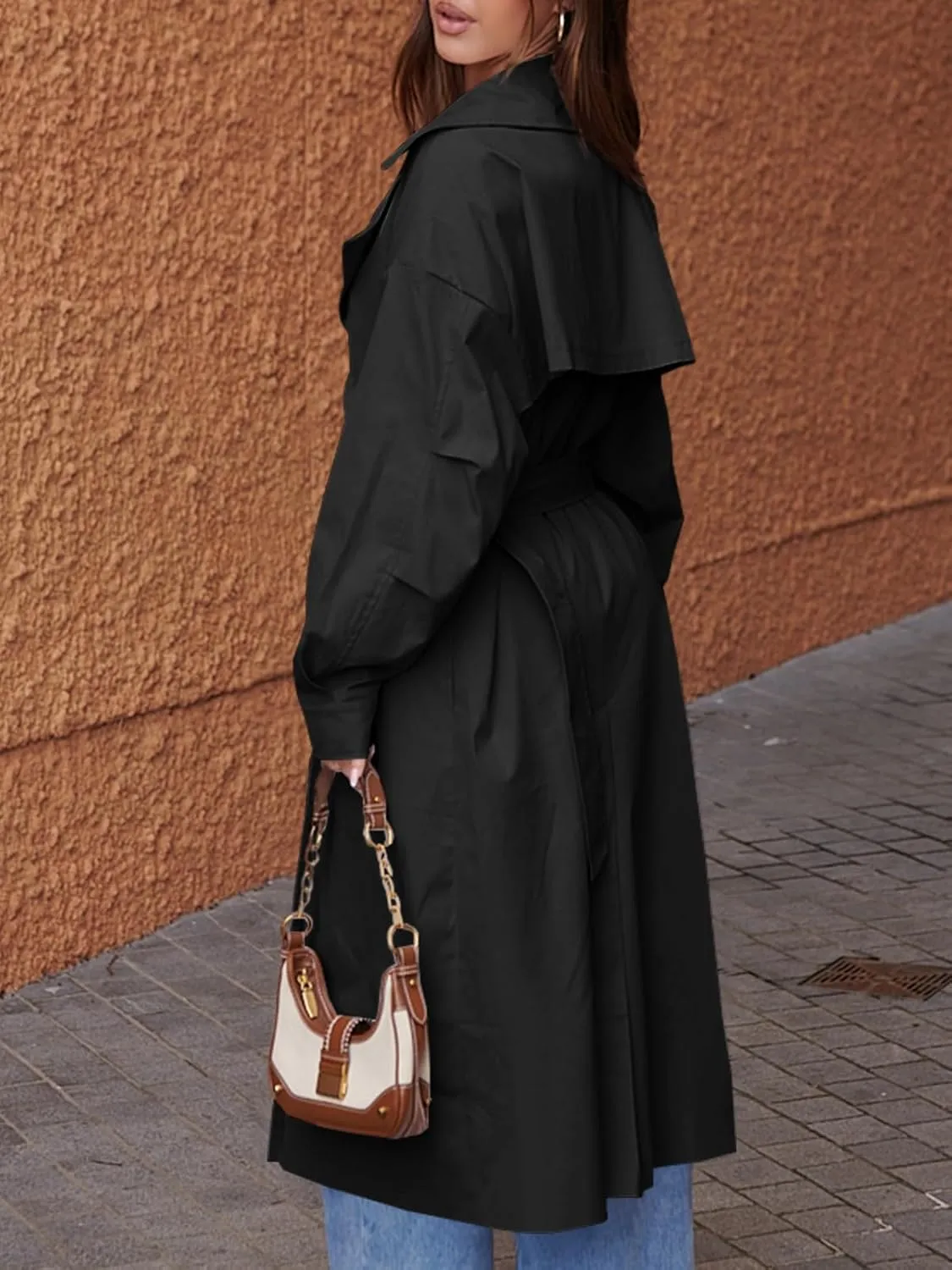 Tankaneo Womens Double Breasted Long Trench Coat Oversized Classic Lapel Belted Overcoat