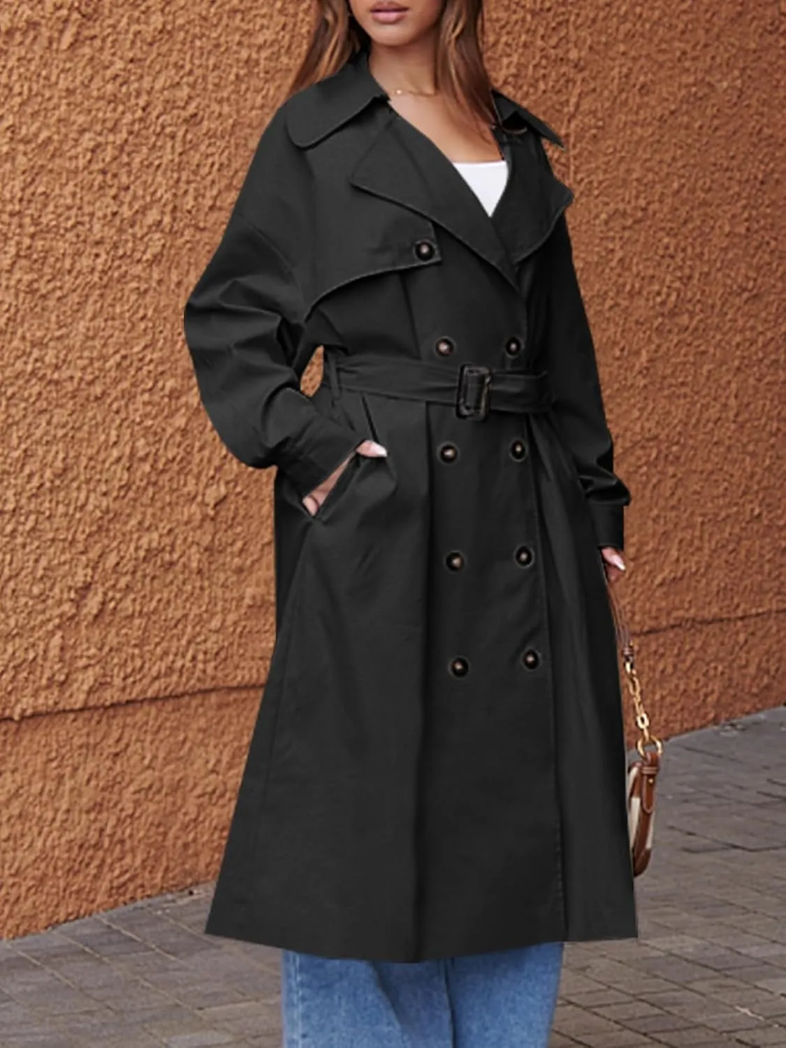 Tankaneo Womens Double Breasted Long Trench Coat Oversized Classic Lapel Belted Overcoat