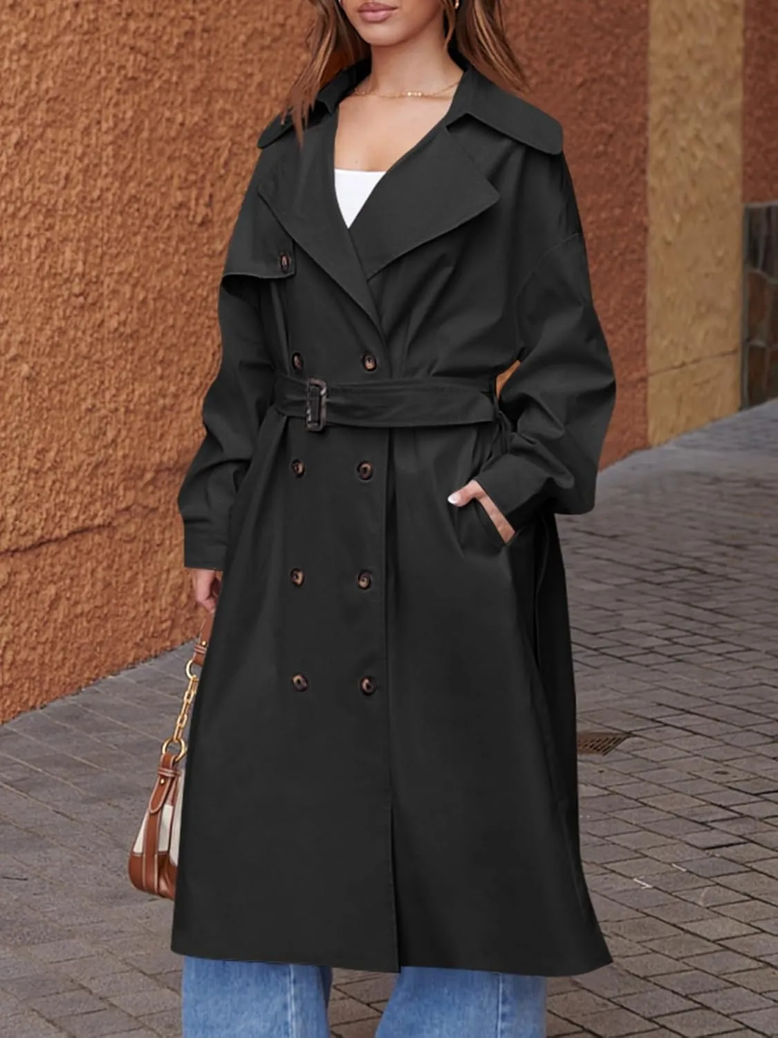Tankaneo Womens Double Breasted Long Trench Coat Oversized Classic Lapel Belted Overcoat