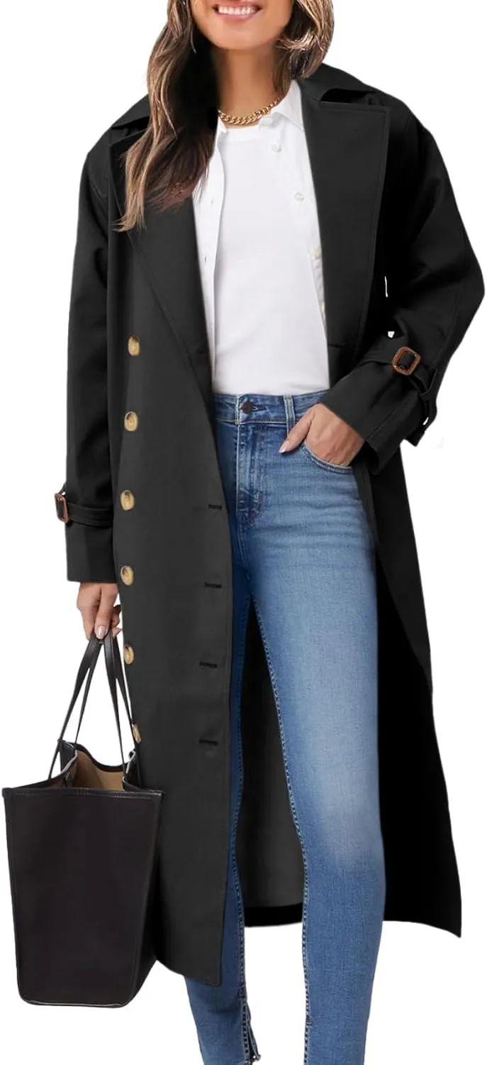 Tankaneo Womens Long Trench Coat Oversized Double Breasted Windproof Classic Lapel Casual Fall Overcoat