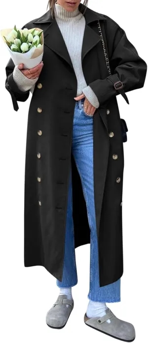 Tankaneo Womens Long Trench Coat Oversized Double Breasted Windproof Classic Lapel Casual Fall Overcoat