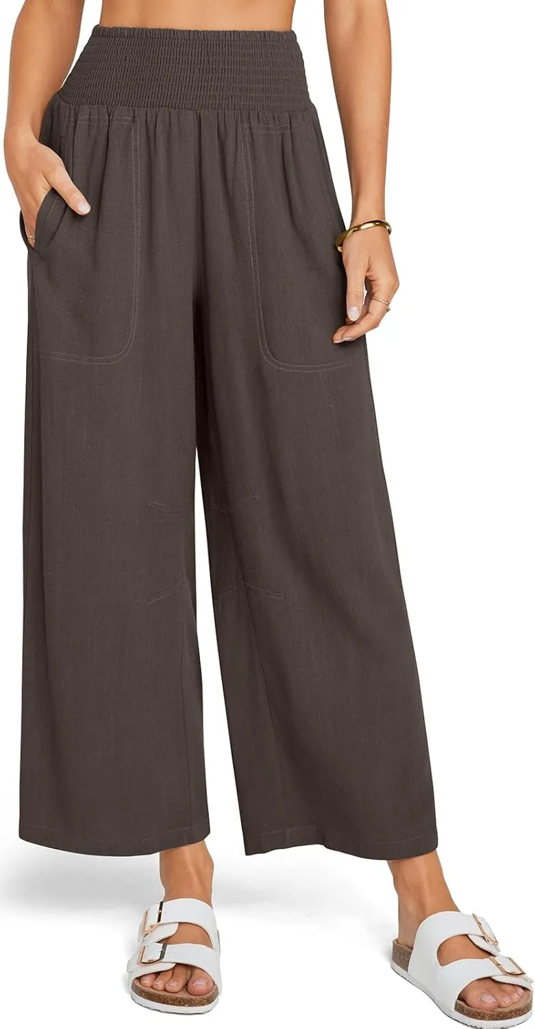 TARSE Women Linen Pants Wide Leg Elastic High Waisted Palazzo Trousers Casual Loose Beach Vacation Clothes with Pockets