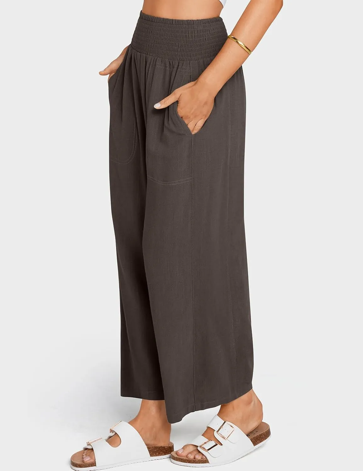 TARSE Women Linen Pants Wide Leg Elastic High Waisted Palazzo Trousers Casual Loose Beach Vacation Clothes with Pockets