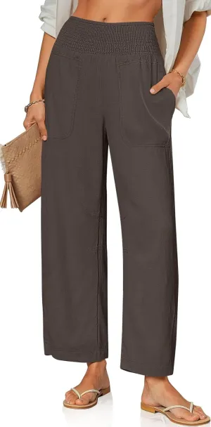 TARSE Women Linen Pants Wide Leg Elastic High Waisted Palazzo Trousers Casual Loose Beach Vacation Clothes with Pockets