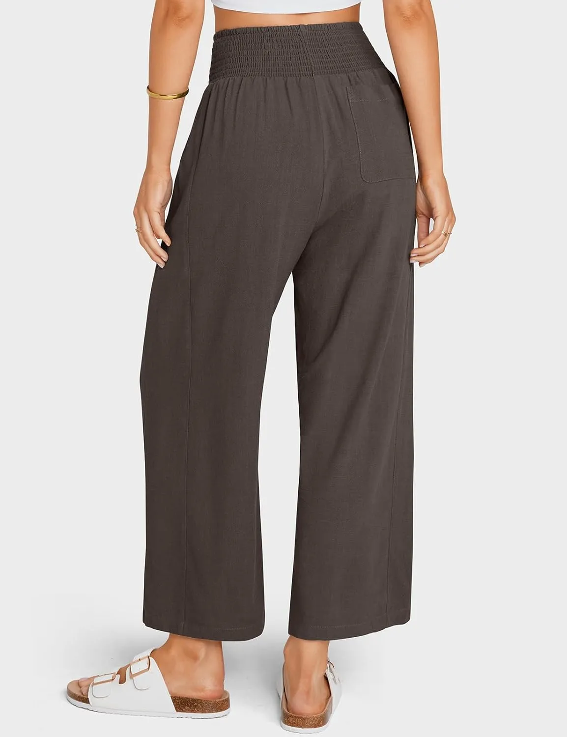 TARSE Women Linen Pants Wide Leg Elastic High Waisted Palazzo Trousers Casual Loose Beach Vacation Clothes with Pockets