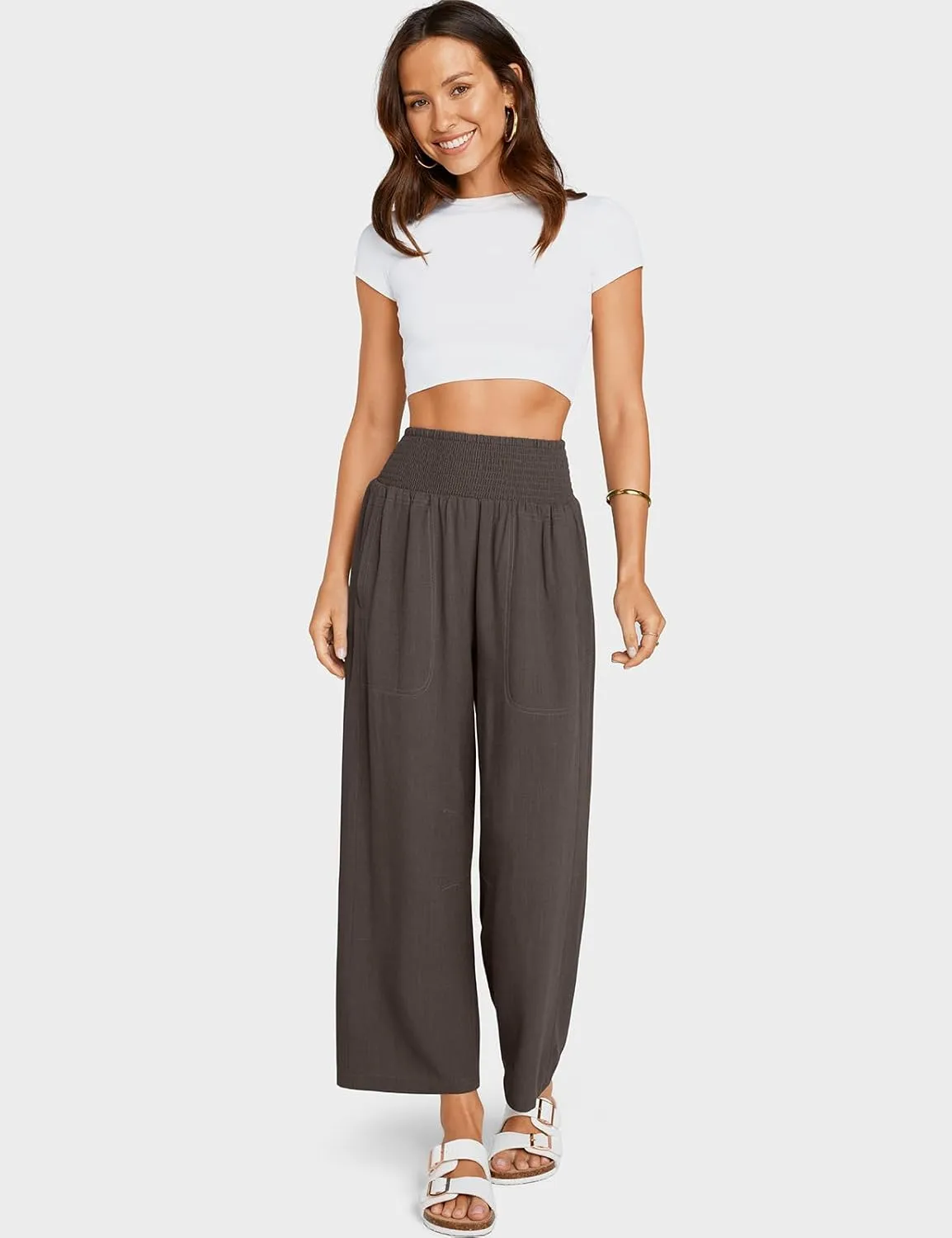 TARSE Women Linen Pants Wide Leg Elastic High Waisted Palazzo Trousers Casual Loose Beach Vacation Clothes with Pockets