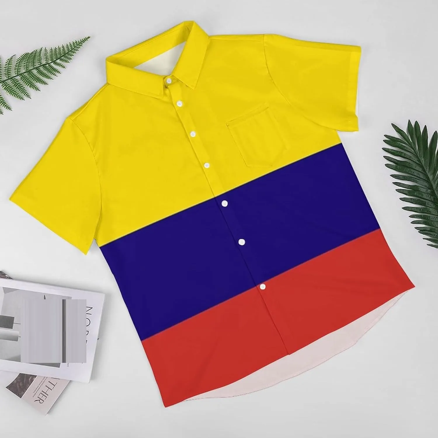 The Colombia Flag Print Men's Short Sleeve Shirt Regular Fit Casual Summer Beach Shirt Oversized Breathable Qu