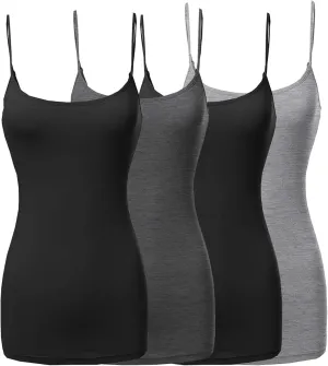 The Lovely Womens & Juniors Basic Solid Long Length Adjustable Spaghetti Strap Tank Top - 4 Pack