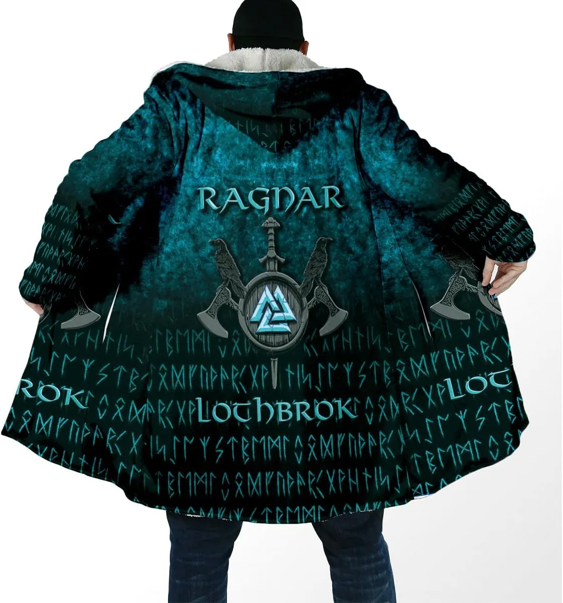 Thick Warm Hooded Cloak For Men For Men Symbol Viking Tattoo Raven Odin Overcoat Windproof Fleece Jacket