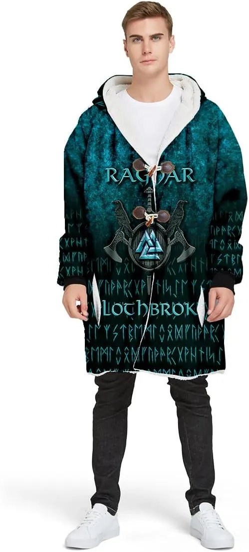 Thick Warm Hooded Cloak For Men For Men Symbol Viking Tattoo Raven Odin Overcoat Windproof Fleece Jacket