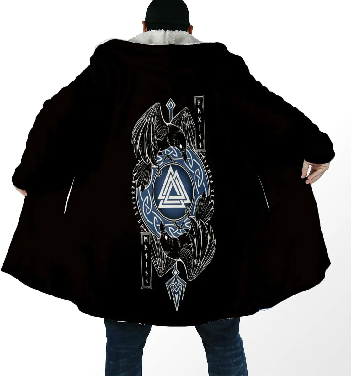 Thick Warm Hooded Cloak For Men For Men Symbol Viking Tattoo Raven Odin Overcoat Windproof Fleece Jacket