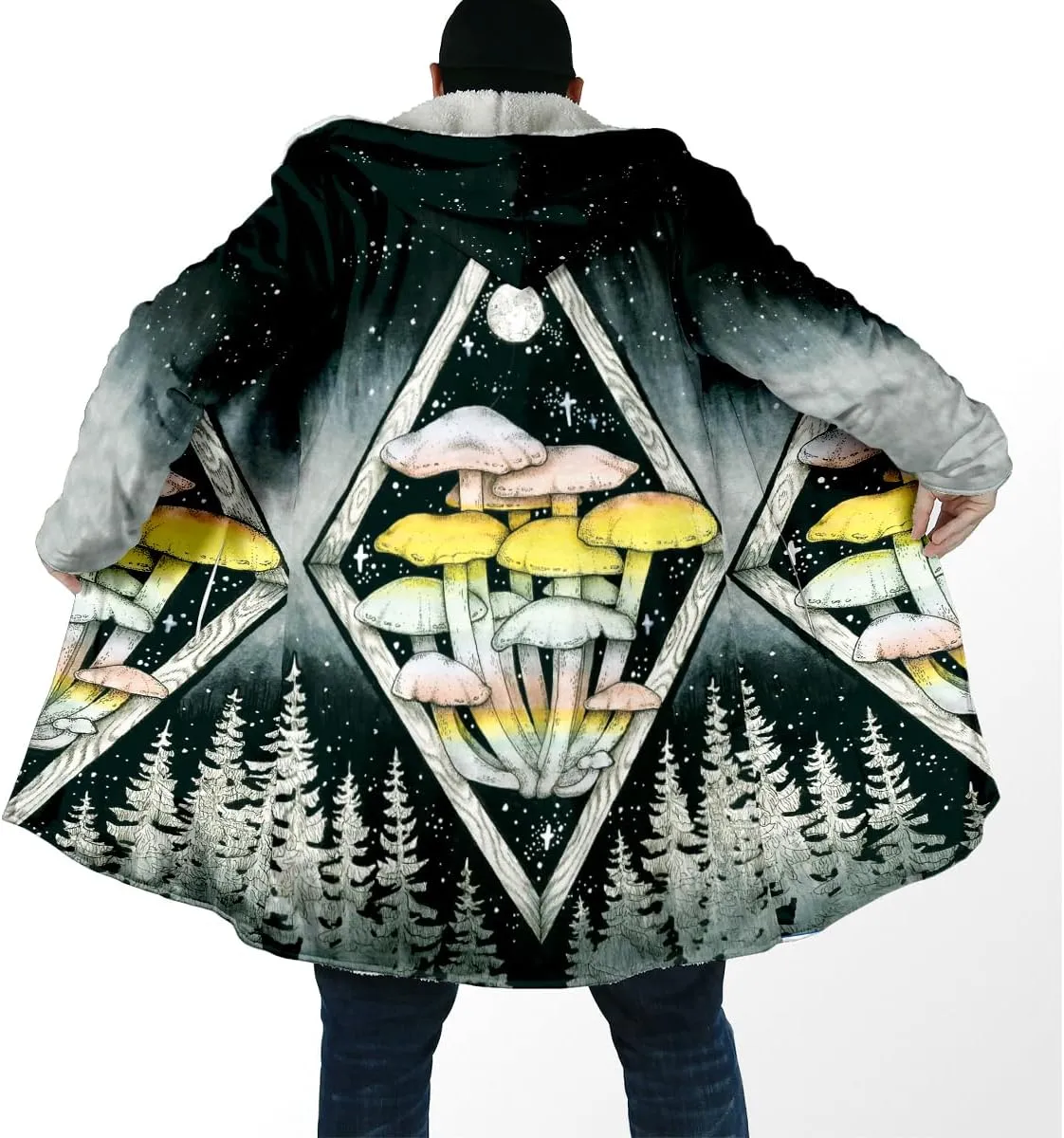 Thick Warm Hooded Cloak For Men Trippy Psychedelic Mushroom Fungus Overcoat Coat Windproof Fleece Jacket