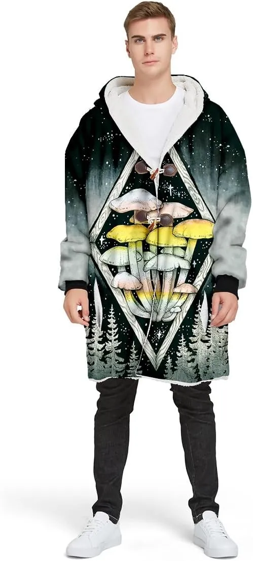 Thick Warm Hooded Cloak For Men Trippy Psychedelic Mushroom Fungus Overcoat Coat Windproof Fleece Jacket