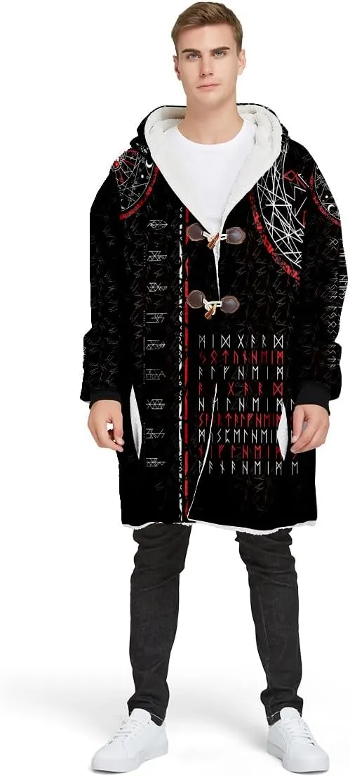 Thick Warm Hooded Cloak Men Tattoo Symbol Viking Armor Overcoat Coat Windproof Fleece Jacket