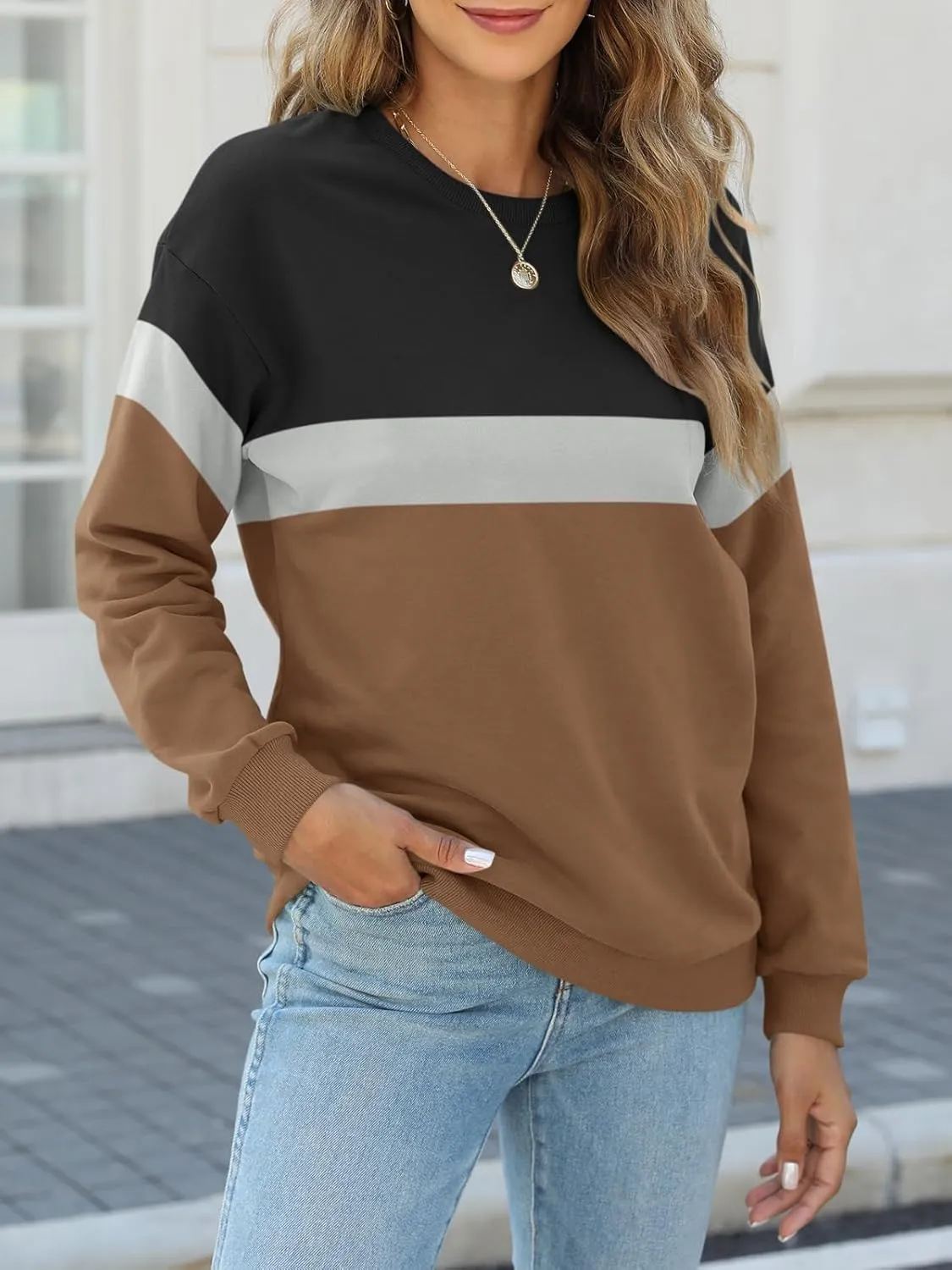 TICTICMIMI Women's Long Sleeve Tops Casual Color Block/Solid Cute Crewneck Sweatshirts Pullover Fall Shirts