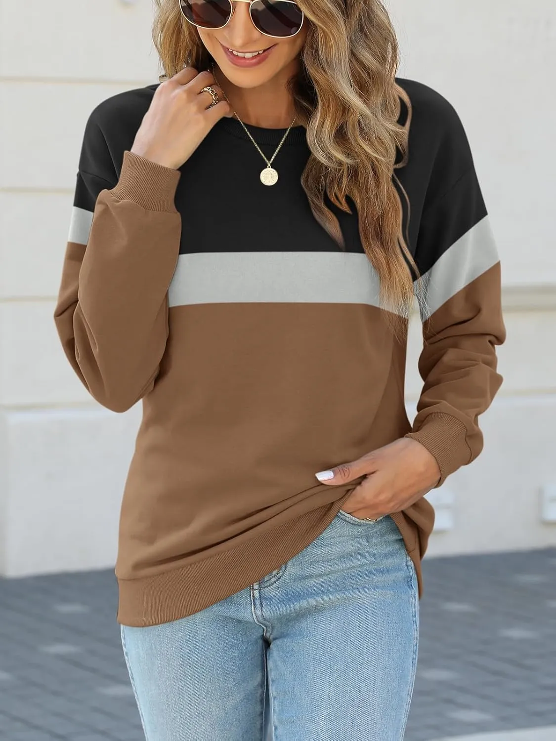 TICTICMIMI Women's Long Sleeve Tops Casual Color Block/Solid Cute Crewneck Sweatshirts Pullover Fall Shirts
