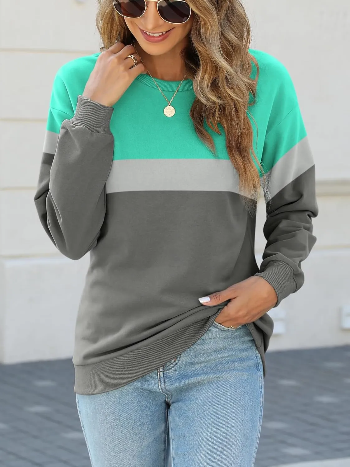 TICTICMIMI Women's Long Sleeve Tops Casual Color Block/Solid Cute Crewneck Sweatshirts Pullover Fall Shirts