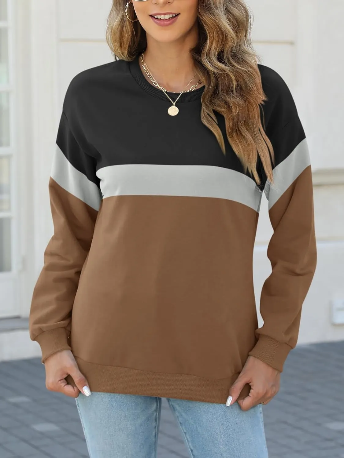 TICTICMIMI Women's Long Sleeve Tops Casual Color Block/Solid Cute Crewneck Sweatshirts Pullover Fall Shirts