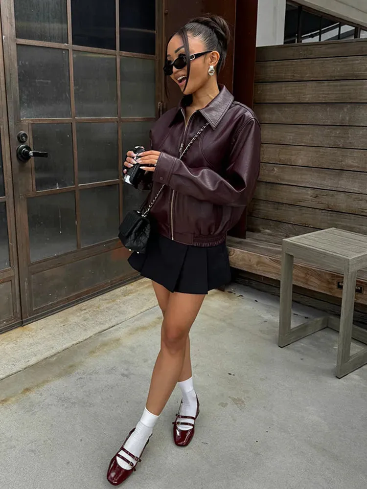 Toleet-Winter and Autumn Outfits Christmas/Thanksgiving_Korean Black Leather Winter Long Moto Biker Zipper Streetwear Loose Jacket