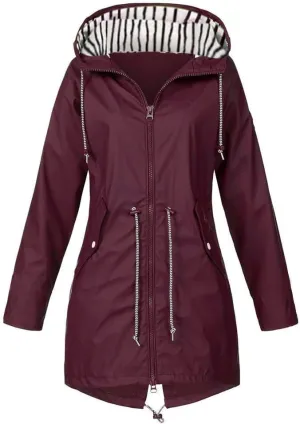Trench Coat Women Mid Length Zip Up Windproof Rain Jacket Hooded Drawstring Waterproof Jacket with Zipper Pockets