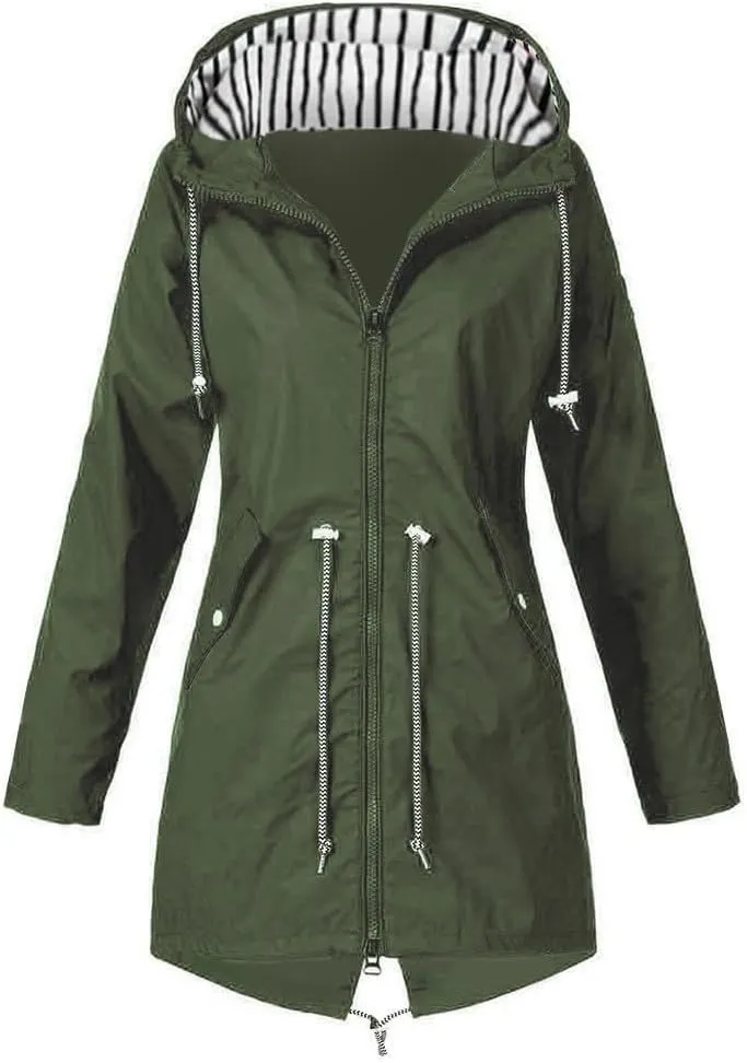 Trench Coat Women Mid Length Zip Up Windproof Rain Jacket Hooded Drawstring Waterproof Jacket with Zipper Pockets
