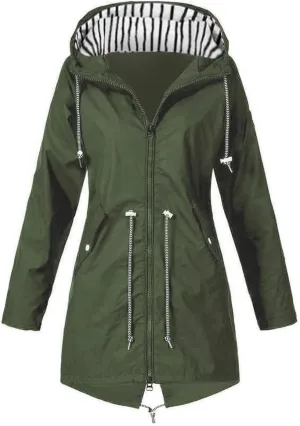 Trench Coat Women Mid Length Zip Up Windproof Rain Jacket Hooded Drawstring Waterproof Jacket with Zipper Pockets