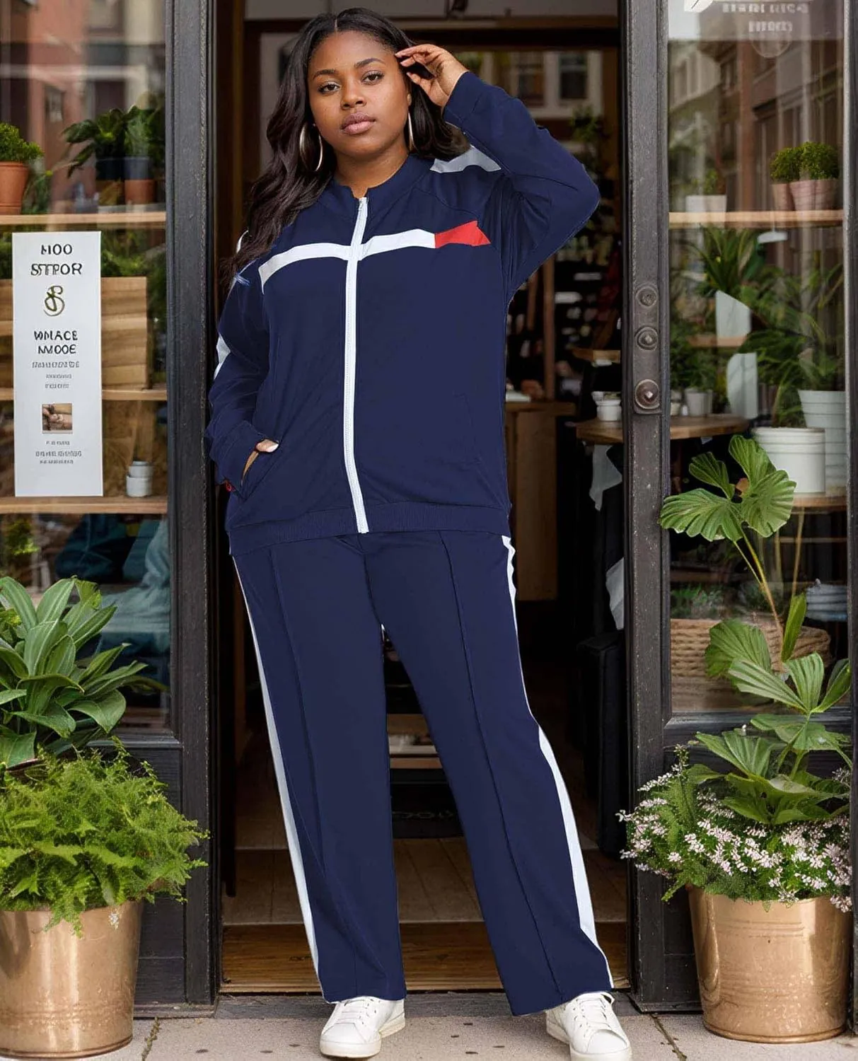 UOUA Women's Plus Size Jogging Suit 2 Piece Sweatsuit Long Sleeve Jacket & Pants Two Piece Track Set Outfit