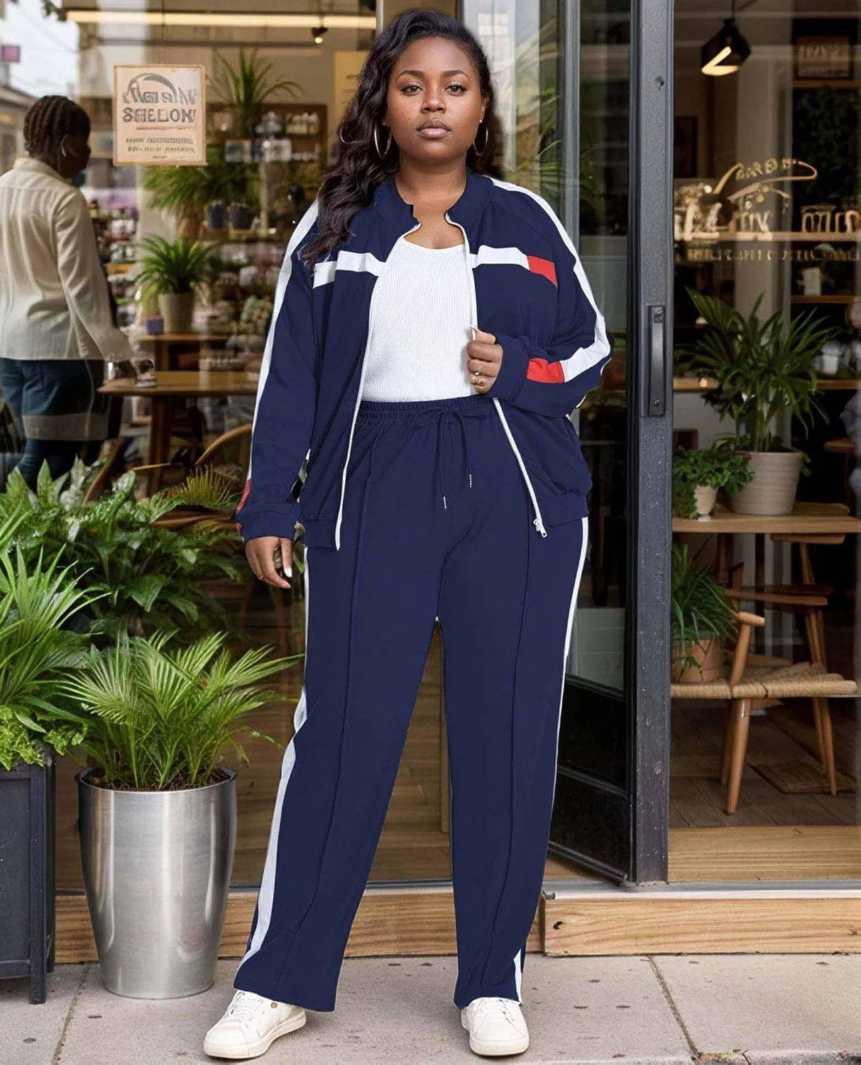 UOUA Women's Plus Size Jogging Suit 2 Piece Sweatsuit Long Sleeve Jacket & Pants Two Piece Track Set Outfit